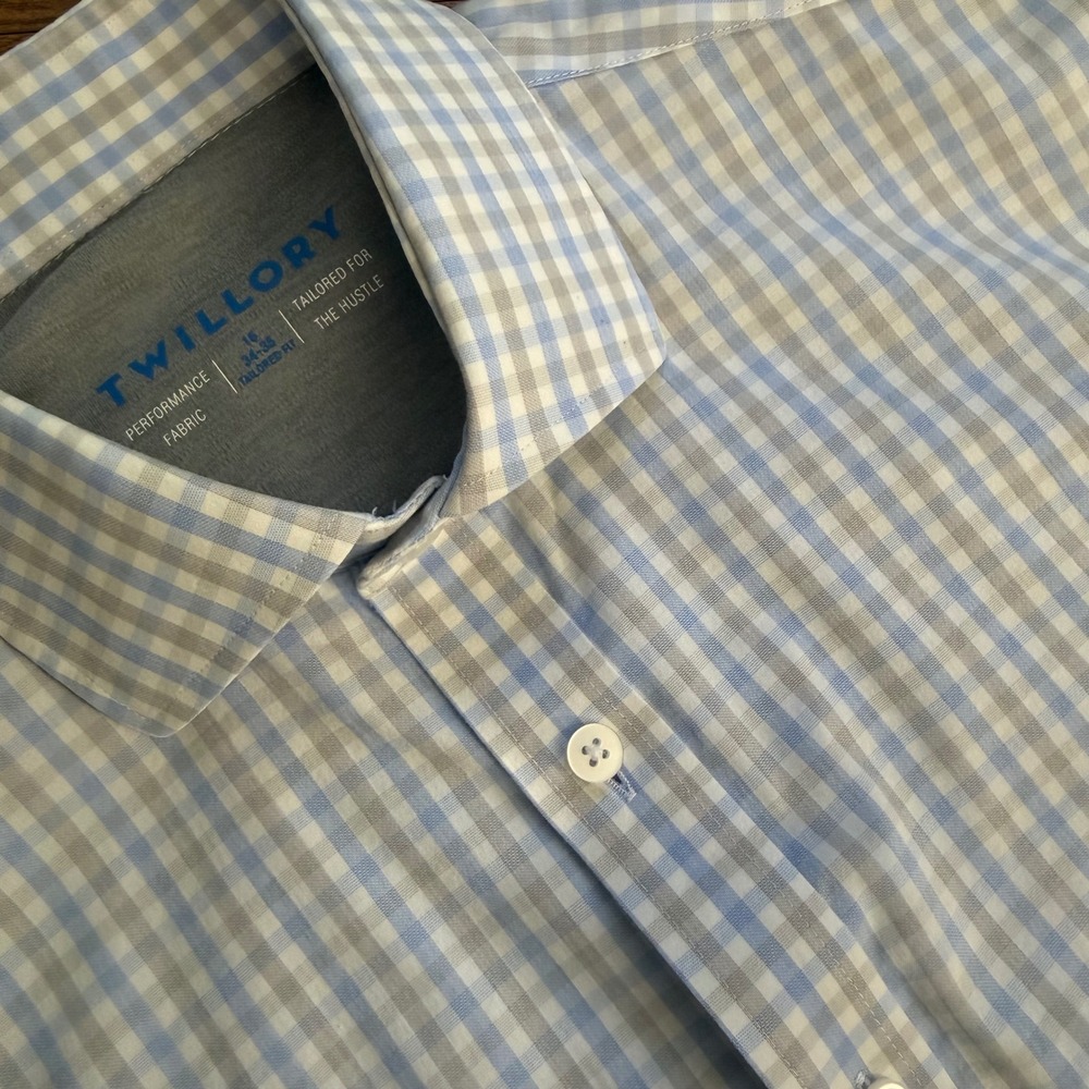 Twillory Performance Fabric Gingham Dress Shirt Blue Grey 16 34-35 Tailored Fit